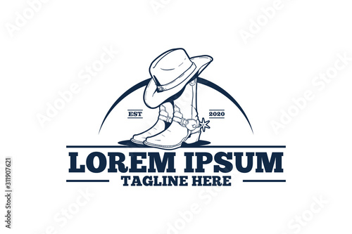 Black and white color western theme cowboy boots with hat vector logo template
