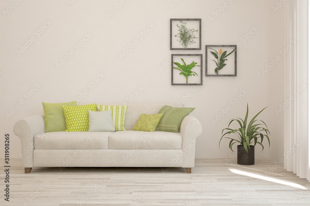 Stylish room in white color with sofa. Scandinavian interior design. 3D illustration Stylish room in white color with sofa. Scandinavian interior design. 3D illustration
