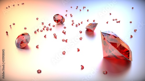 Red gemstones on light gradient background. 3D render