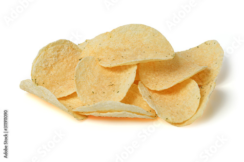 Potato chips pile isolated on white background