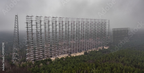 An aerial view taken with a drone of Soviet over-the-horizon radar Duga in Chernobyl Exclusion Zone, Ukraine photo