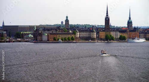 View of Riddarholmen and Gamla Stan from the side of Lake Mälaren. Stockholm, Sweden.