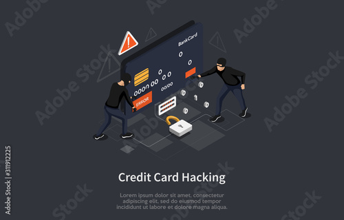 Isometric credit card security concept. Credit card hacking attack by hackers. Vector illustration