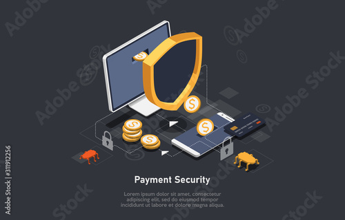 Isometric secure bank transfers via mobile device, online payment, credit card with smartphone and shield, electron money deposit. Vector illustration