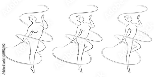 Collection. Silhouette of a cute lady, she is engaged in rhythmic gymnastics with a ribbon. The woman is overweight and slender girl athlete. Vector illustration set