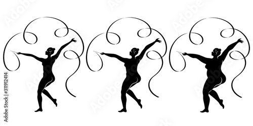 Collection. Silhouette of a cute lady, she is engaged in rhythmic gymnastics with a ribbon. The woman is overweight and slender girl athlete. Vector illustration set