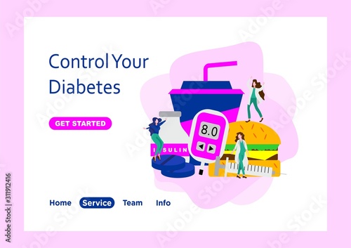 Diabetes patient treatment tiny people flat design vector illustration can use for landing page, web, mobile, app, banner, poster, flyer