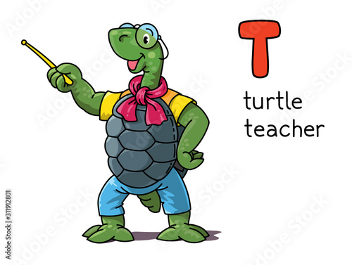Turtle teacher. Animals profession ABC. Alphabet T