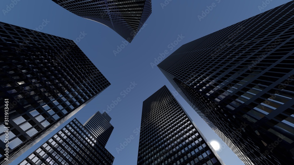 Panoramic and perspective view to steel light blue background of glass high rise building skyscraper city of future. Business concept of industry tech architecture. 3d rendering. 3d illustration
