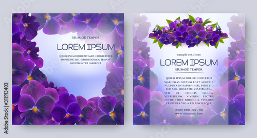 Floral vector card set with flowers of realistic purple viola on blue background. Romantic 3d templates for wedding invitation, greeting card, cosmetic products, packages and other design elements