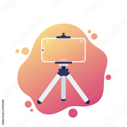 mobile phone on tripod, vlog recording, vector photo