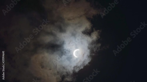 An annular solar eclipse occurred on December 26, 2019. A solar eclipse occurs when the Moon passes between Earth and the Sun, thereby totally or partly obscuring the Sun for a viewer on Earth. photo