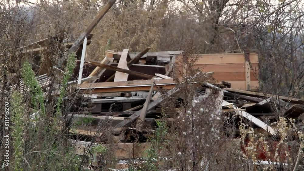 Garbage dump. Wooden waste lies in the grass. Old wood boards Garbage dump. Wooden waste lies in the grass. Old wood boards