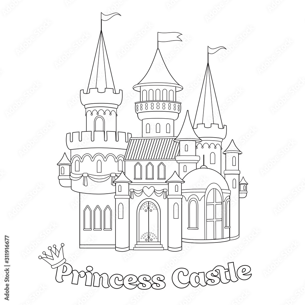 Beautiful fairytale castle for princess, magic kingdom. Sketch with vintage Palace. Coloring page for children. Black outline drawing. Wonderland. Isolated cartoon illustration. Vector.