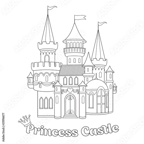 Beautiful fairytale castle for princess, magic kingdom. Sketch with vintage Palace. Coloring page for children. Black outline drawing. Wonderland. Isolated cartoon illustration. Vector.
