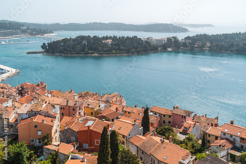 The view of Rovinj, Croatia, from the very top of the Baroque Church of St. Euphemia, Rovinj. The relics of Saint Euphemia are preserved in a Roman sarcophagus from the sixth century.