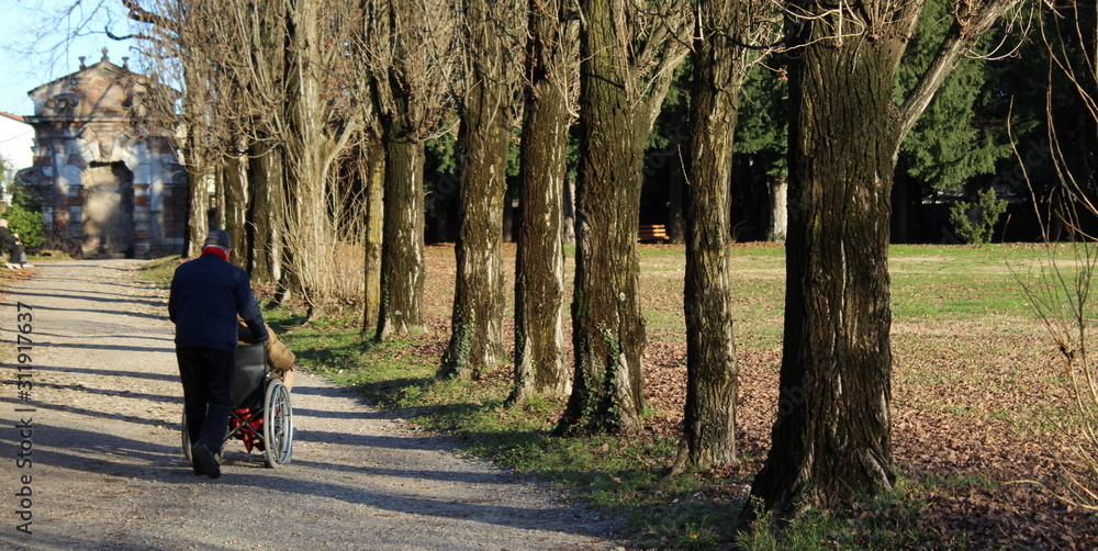 Accompagnatore con disabile nel parco Accompagnatore con disabile nel parco