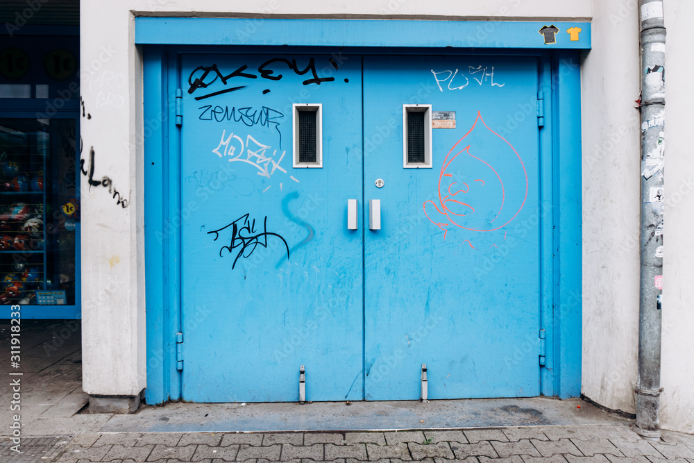 Painted door to the garage. Old doors in the garage