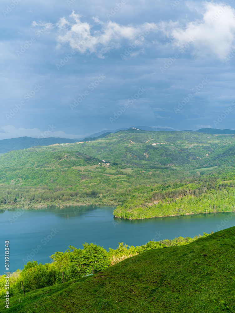 landscape with the Butoniga lake and mountains in Istria, near Motovun, Croatia, Europe