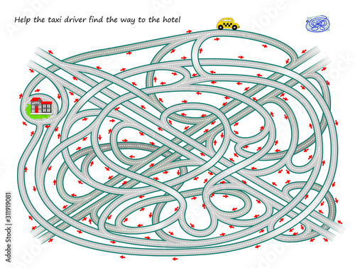 Logical puzzle game with labyrinth for children and adults. Help the taxi driver find the way to the hotel. Printable worksheet for kids brain teaser book. IQ test. Vector cartoon image.