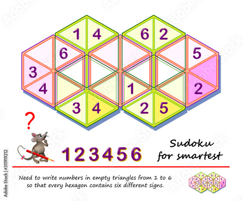 Logic puzzle game for the smartest. Need to write numbers in empty triangles from 1 to 6 so that every hexagon contains six different signs. Printable page for children brain teaser book. IQ test.