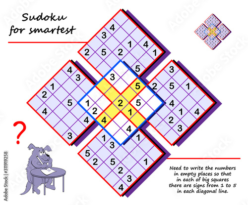 Logic Sudoku puzzle game for children and adults. Write numbers in empty places so that in each of big squares there are signs from 1 to 5 in each diagonal line. Printable page for brain teaser book.