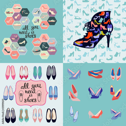 hand drawn set of fashion illustration, background and icons of shoes.