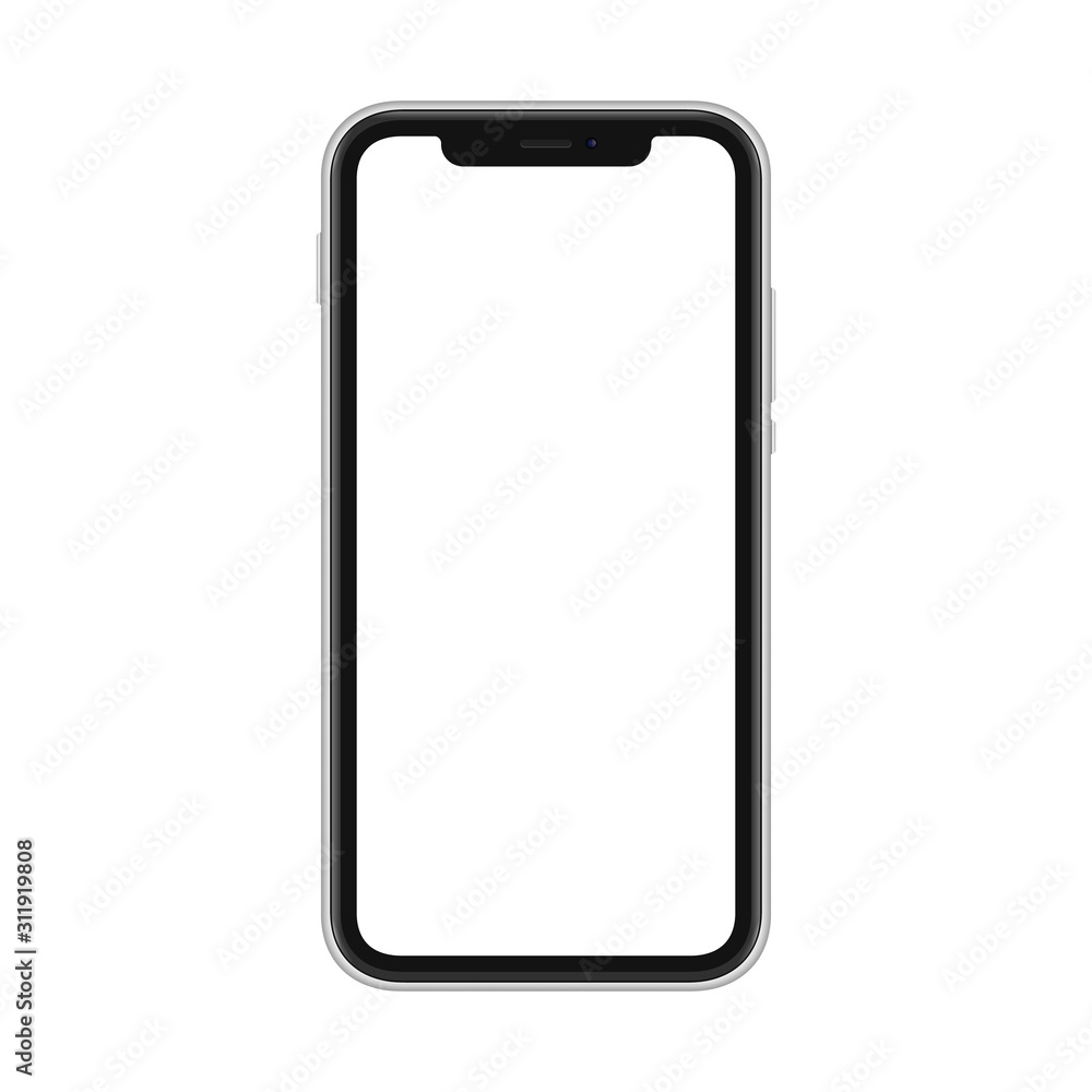 Frameless smartphone mock up isolated on white background. Cell shape with eyebrow for selfie camera and sensors Frameless smartphone mock up isolated on white background. Cell shape with eyebrow for selfie camera and sensors