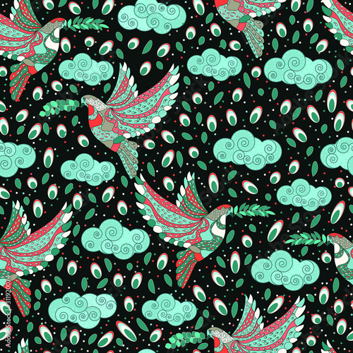 Vector floral ethnic seamless pattern in doodle style with clouds , drops and pigeons . Gentle, spring or summer  background.