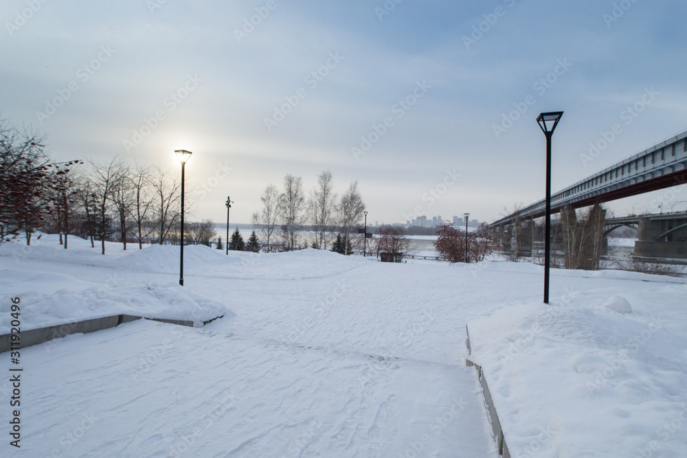 Novosibirsk embankment in winter, all covered with snow