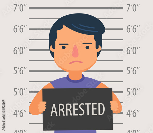 Photo of man arrested with sign in police station. Funny cartoon vector illustration
