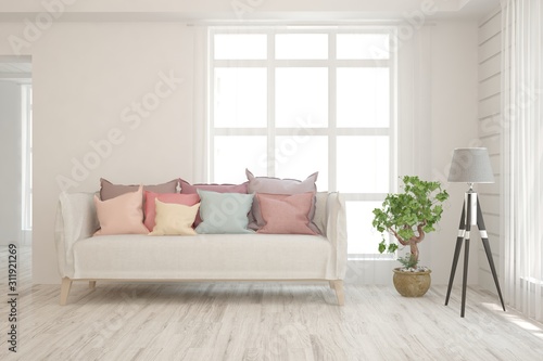 Stylish room in white color with sofa. Scandinavian interior design. 3D illustration