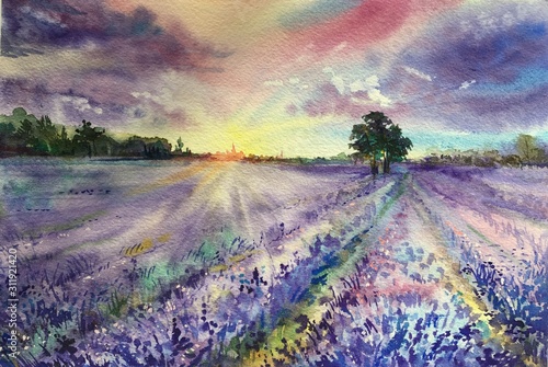 Watercolor french lavender field at sunset. Valensole lavender fields. Provence, France. Violet, purple flowers. Horizontal view, copy-space. Template for designs, card, border, posters. 