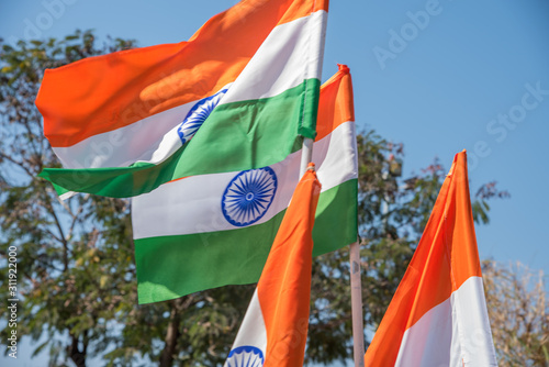 AMRAVATI, MAHARASHTRA, INDIA, JANUARY - 26, 2018: Unidentified people and student celebrating the Indian Republic Day by dancing with flags, drums.