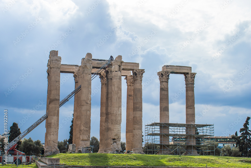 The Temple of Olympian Zeus also known as the Olympieion or Columns of the Olympian Zeus, is a former colossal temple at the center of the Greek capital Athens dedicated to Olympian Zeus