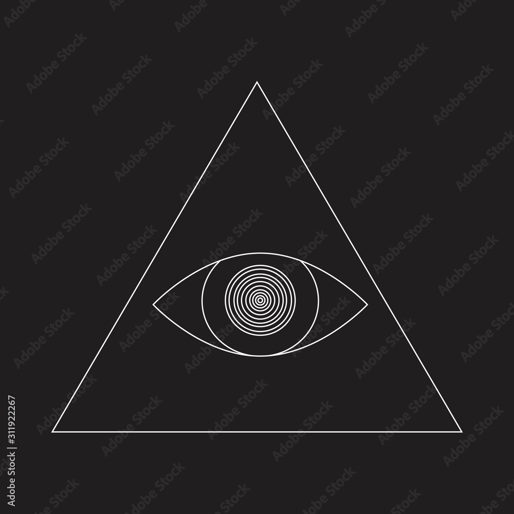 A evil eye with hypnotic pupil and triangle, a occultism and outline vector  stock illustration isolated on black background Stock Vector