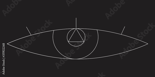 A evil eye with eyelashes and a white outline triangle near the pupil as occultism and magic, a linear vector stock illustration isolated on black background for design photo