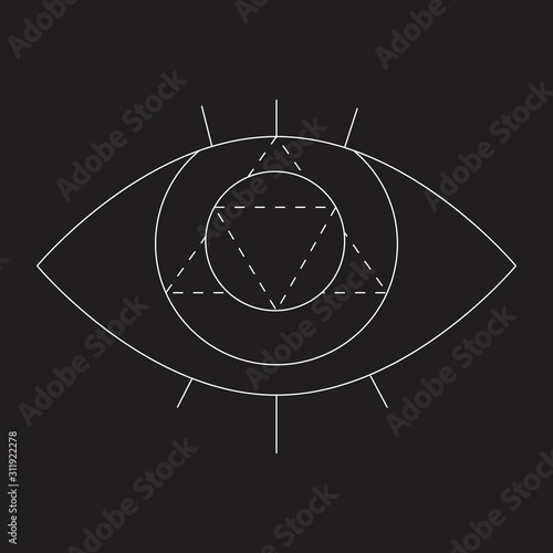 A outline evil eye isolated on black background for design, a linear vector stock illustration with pupil, eyelashes and triangle as a concept of occultism, fortune telling and aura testing photo