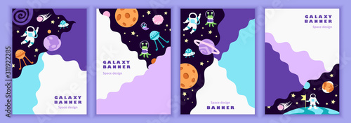 Fototapeta Naklejka Na Ścianę i Meble -  Set of cartoon colorful templates for flyers, banners, covers, posters. Space, planets and stars. Flat vector illustration. Place for your text. Modern design.
