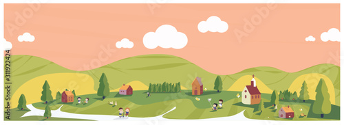 Panoramic vector illustration of minimal spring summer in green and earth tone background.The cute small village with kids playing outside with head hog,butterfly and bunny.People in spring concept. 