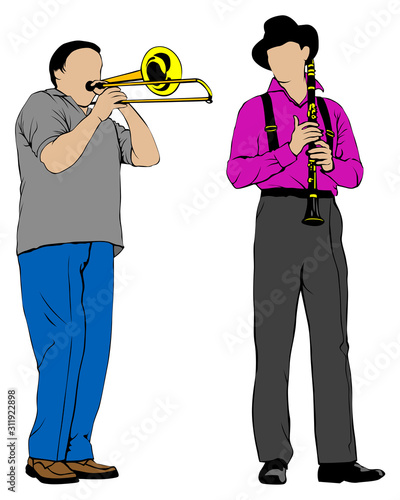 Men with trombone and clarinet at concert. Isolated silhouettes of musicians on white background