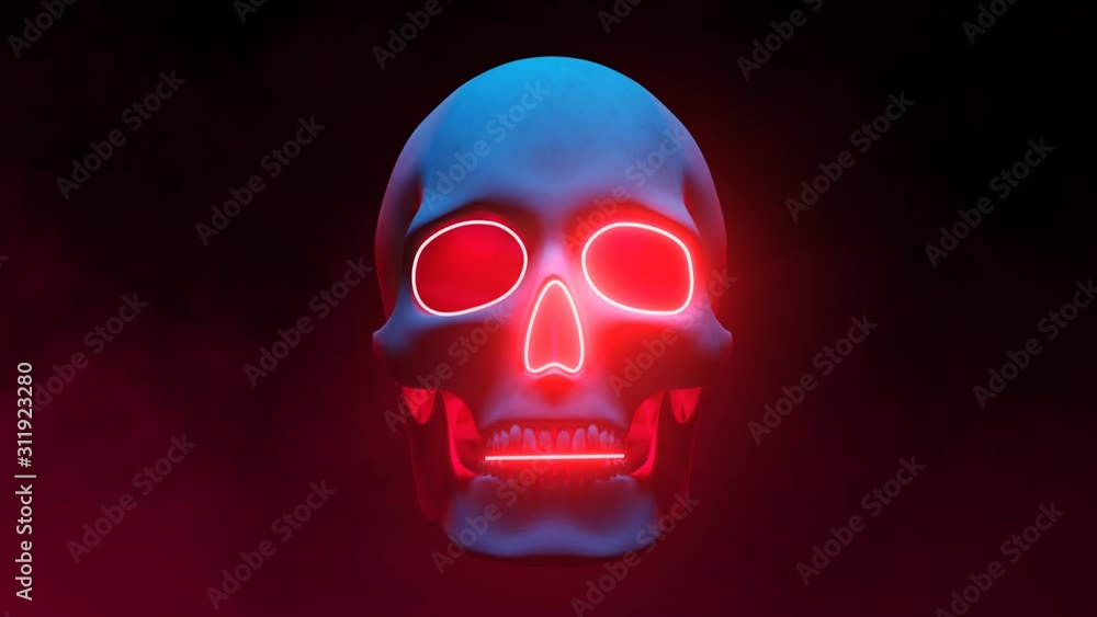 Magenta And Blue Skull Neon Sign On The Red Smoky Background. Seamless Loop Magenta And Blue Skull Neon Sign On The Red Smoky Background. Seamless Loop
