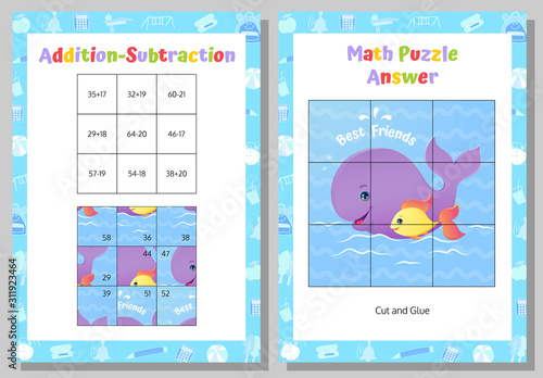 Addition, Subtraction Math Puzzle Worksheet. Educational Game. Mathematical Game. Vector illustration.