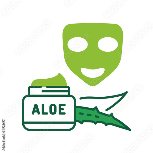 Using aloe mask color line icon. Using mask with aloe to soothing, deep-penetrating treatment for irritated or inflamed skin. Face skincare. Pictogram for web page, mobile app, promo. Editable stroke.