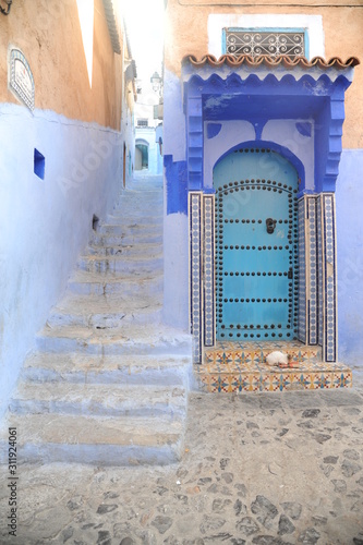 Chefchaouen, the blue city, is a town in the Rif Mountains of northwest Morocco. It’s known for the striking, blue-washed buildings of its old town. © porpendero
