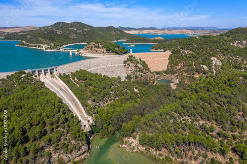 Aerial view of Gaitanejo reservoir and dam near the Royal El Chorro Royal Trail. Spain