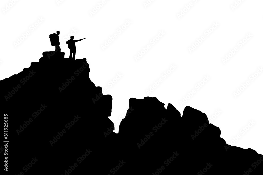 hikersSilhouette of two hikers standing on a rock and pointing to the distance. Two men in the mountains. Black and white silhouette of men with backpacks on a trekking trip in the mountains.