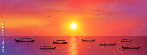 Bali fisherman boats in calm ocean at red sunset background, vector Kuta beach illustration