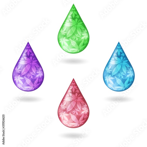  Cannabis droplet with cannabis leaves  vector background.Cannabis oil illustration