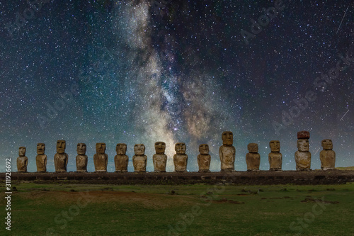 Mysterious Maori Statues under the Milky Way Galaxy on Easter Island photo